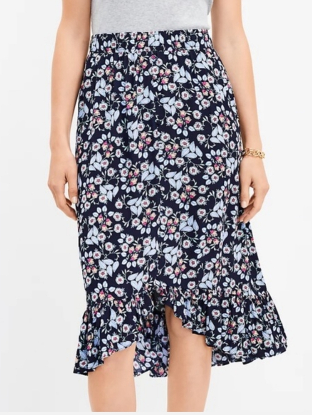 Loft Floral Ruffle Hem Midi Skirt | Xsmall
